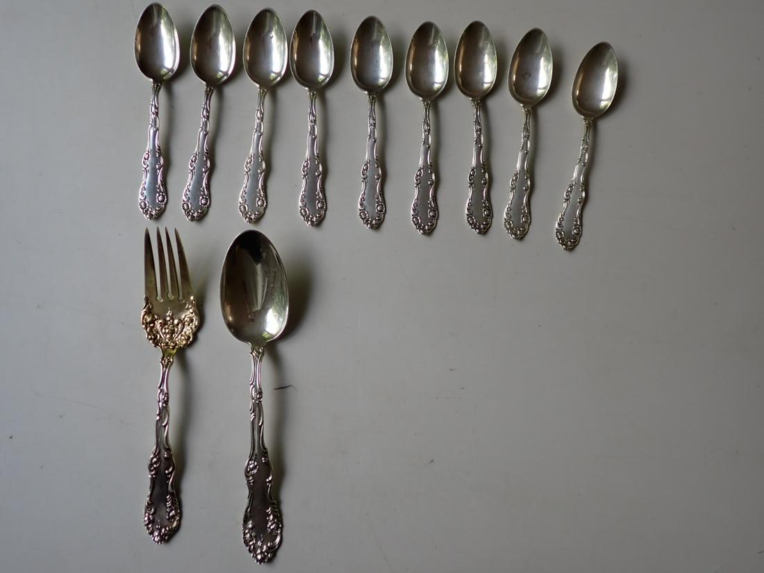 11 Piece Sterling Pat. 1892 Signed R.C. Eldridge Flatware: Serving Fork Gold Wash not signed, 9 teaspoons, Serving spoon & serving fork . Appr. 9.4 troy ounces.