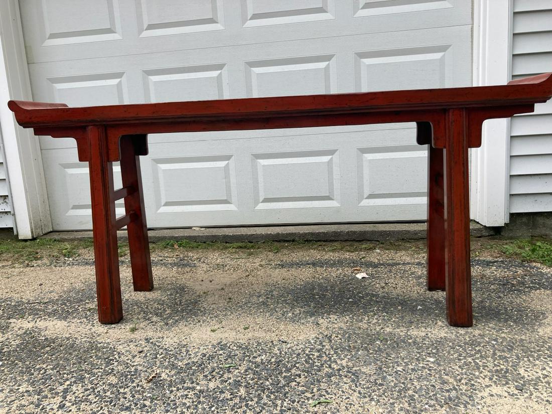 Chinese Alter Table with Certificate from Art Treasures Gallery: Describes it as 18th Century Elmwood Red Lacquered Alter Table. 72" x 32.2" High 13.2" Deep