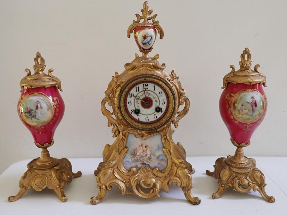 Enamel Ormolu Clock Gift to Consul Garniture Set: Metal Clock Written on woo d on the bottom: 1871 - 1892 Anniversary Gift To M/M The Honourable Frederick H. Scheuch United States Consul, Barcelona, Spain