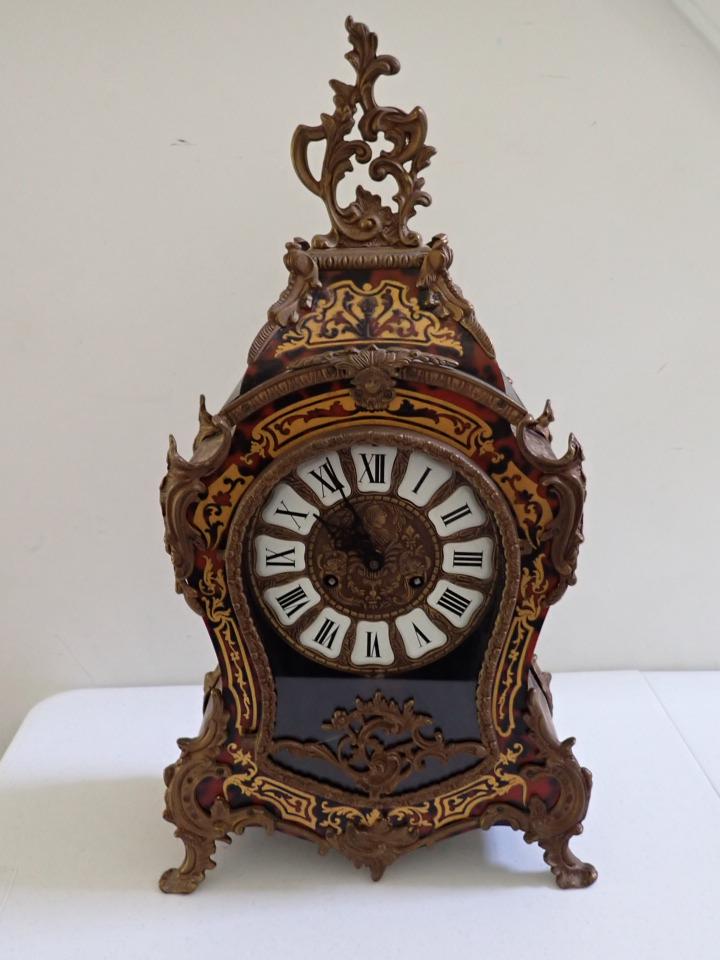 Ornate German Wooden Painted Clock: Brass and Metal Face and Brass Accents. Made in Germany. 23"