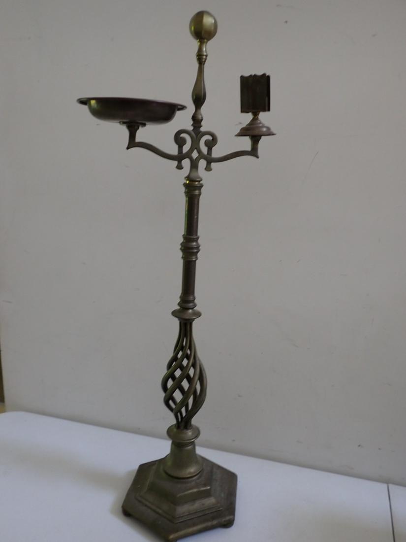 Brass Smoking Stand with Match Holder: Curved Metal at Base. 33". Has some discoloration.