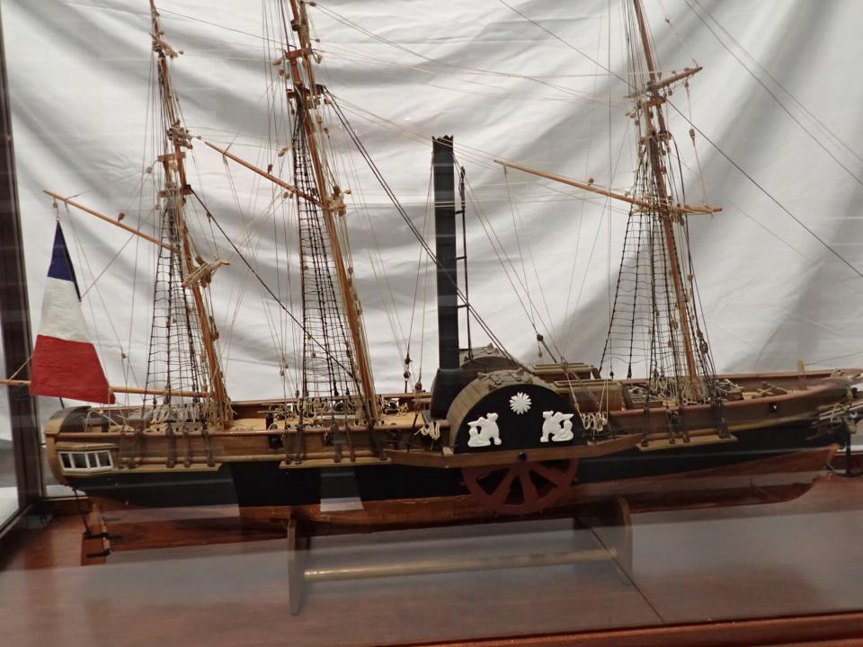 Paddle Wheel Sailing Ship/ Steam Ship Wood Crafted: The ship is approximately 36" x 21". The case is 41" x 26". French Flag. Fine Details