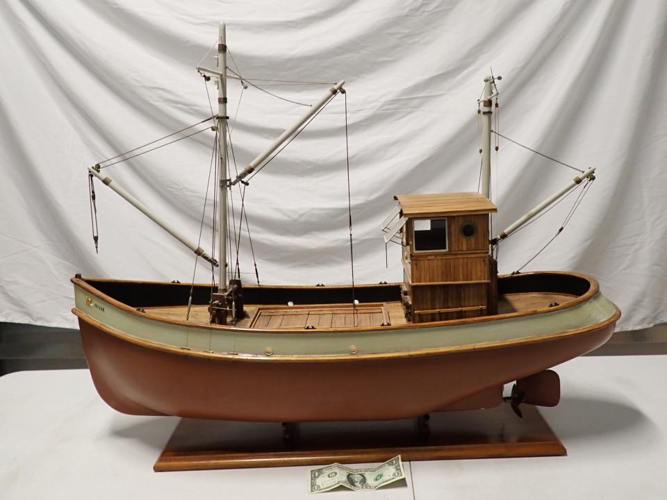 Finely Crafted Wooden "Vulcan" Fishing Boat. Motorized: "San Mateo, Calif." California. 36" wide x 28" high