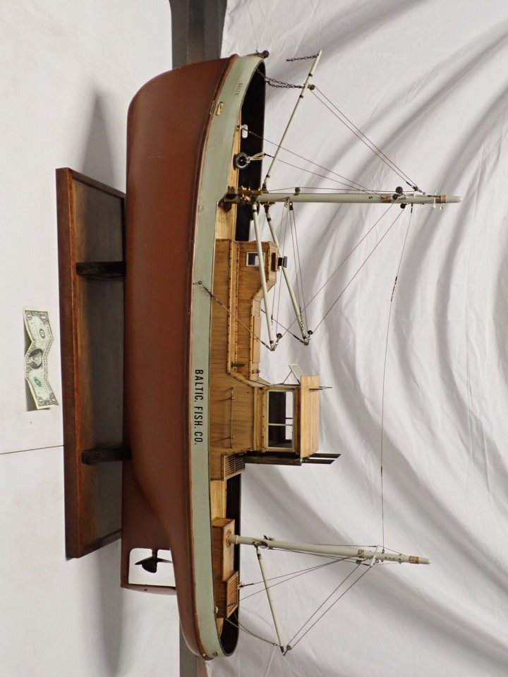 Baltic Fish Company Finely Crafted Wooden Fishing Boat: San Mateo, Calif (California). 37" wide x 24" high Including Base.