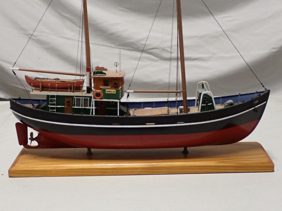 Hand Crafted 2 Mast Sail Boat Finely Detailed: Marked "Arica" "245". 14" wide x 12" high Includes base.