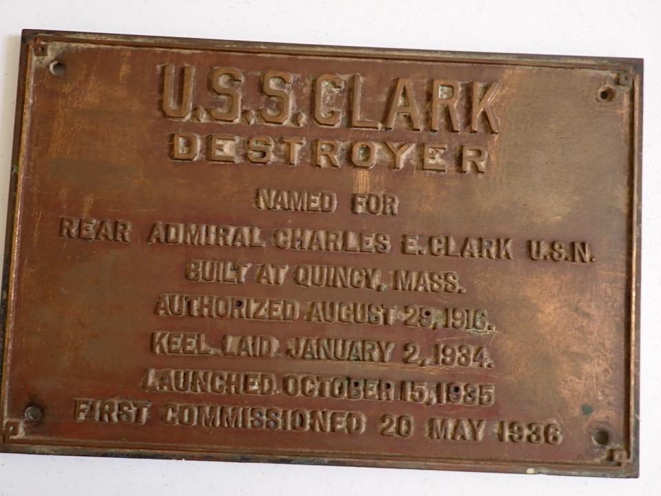 USS Clark Destroyer Brass Builders Plate: Name for Rear Admiral Charles E. Clark U.S.N. Built at Quincy, Mass. Authorized August 29, 1916. Keel Laid January 2, 1934. Launched October 15, 1935, etc. 10" x 15"
