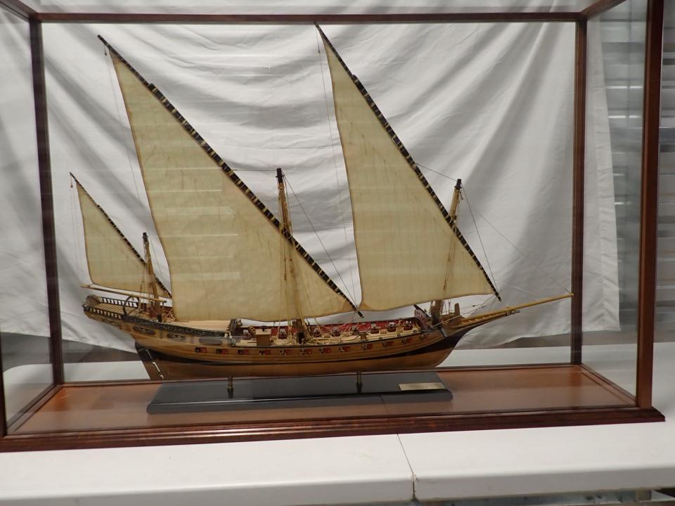 French Chebec Indiscret Mediterranean Sailing Ship in Case: Circa 1750 H.H. Patton 1981 - Beautifully crafted Sailing Ship in Glass Case. Ship is 39" wide x 27" high. Case is 47" wide x 32" height x 14" deep.