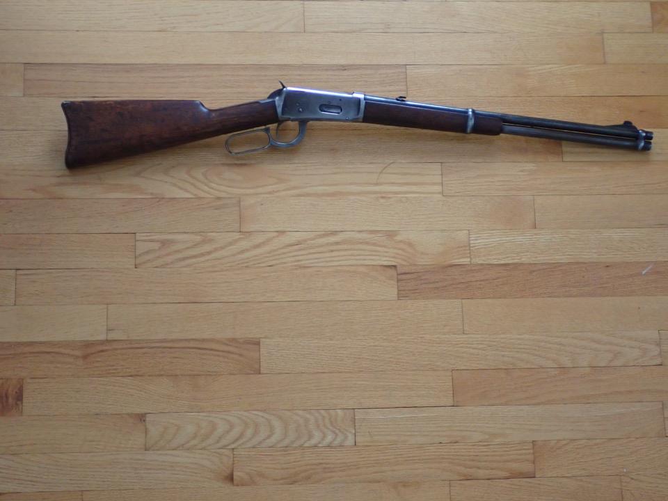 Model 1894 Winchester 30 Caliber Rifle Pat. Aug. 21 1894 30: WCF. Serial No. 135256. Overall Length 38". Barrel 19". Also says "Nickel Steel Barrel Especially for Smokeless Powder". Trigger Mechanism works. Has some wear.