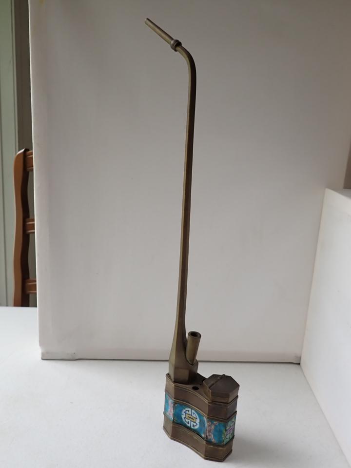 Cloisonne, Enamel, Brass & Metal Chinese Water Pipe: Enamel has Chinese Characters Design. 17"