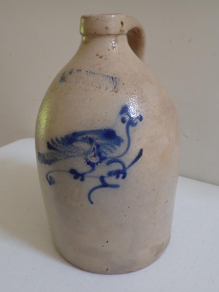 Norton Bennington, VT Stoneware 1 Gallon Jug. Cobalt Bird: Blue Design. Has cracks. Back has small chip. 12" high.