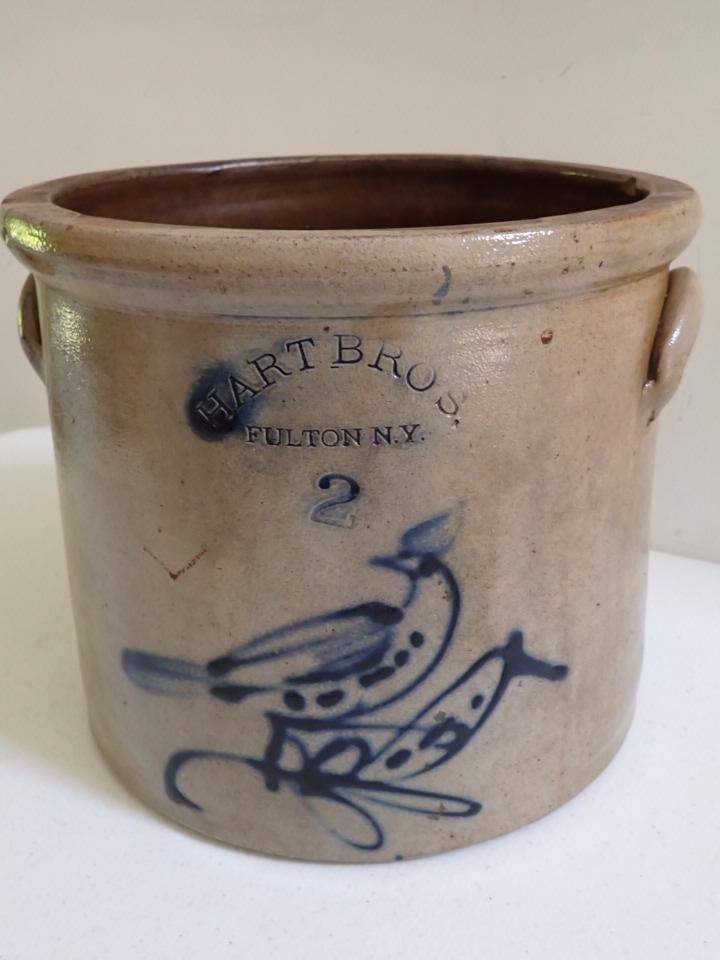 2 Gallon Hart Bros. Fulton, NY. Stoneware Crock Cobalt Bird: Has cracks and brown staining. 9" high. 10" diameter.