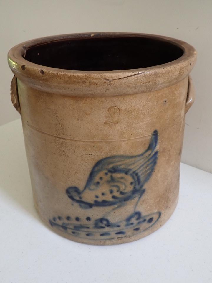 2 Gallon Stoneware Crock with Cobalt Blue Turkey Design.: Has cracks, chipping and bottom repair. 9 1/2" High - 10" Diameter.