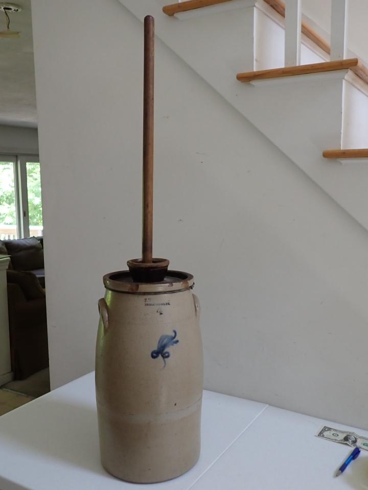 F. Wood Burlington, VT #4 - 4 Gallon Butter Churn Cobalt Blue: Crack, chipping around top edge. Light colored band around lower section. Cover has chips. Crock 17" - with handle 38 1/2". - 8" diameter