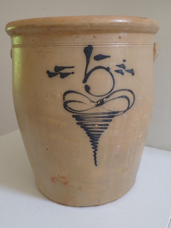 5 Gallon Stoneware Crock with Twist Cobalt Design.: Has some chipping on crock and cobalt design. Some white drip stains. 14" high - 11 1/2" in Diameter.