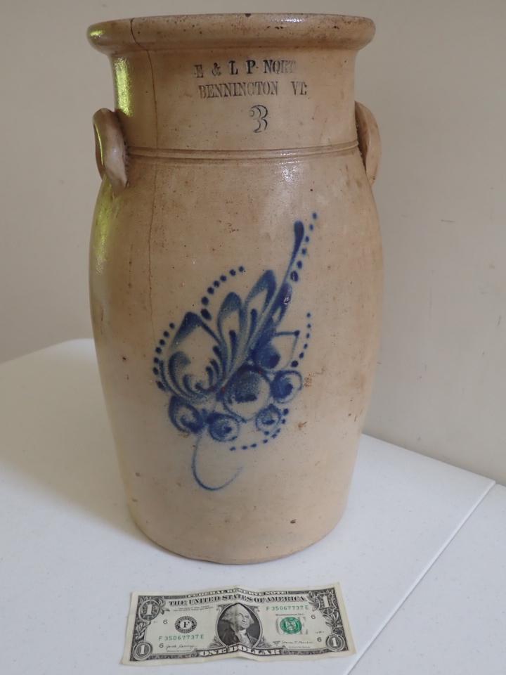 3 Gallon E. & L.P. Norton Bennington, VT Butter Churn: With Cobalt Design. Has a crack & some staining.