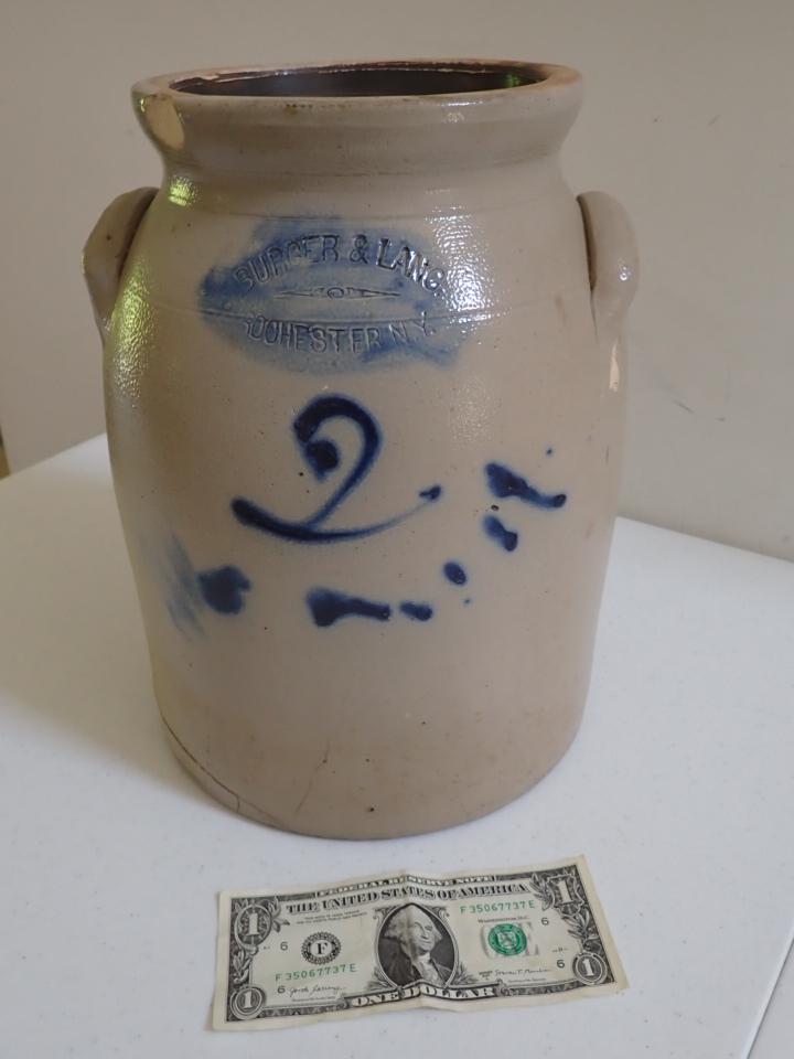Burger & Lang Rochester, NY 2 Gallon Stoneware Jug: Cobalt Design. Large Crack along base and chip.