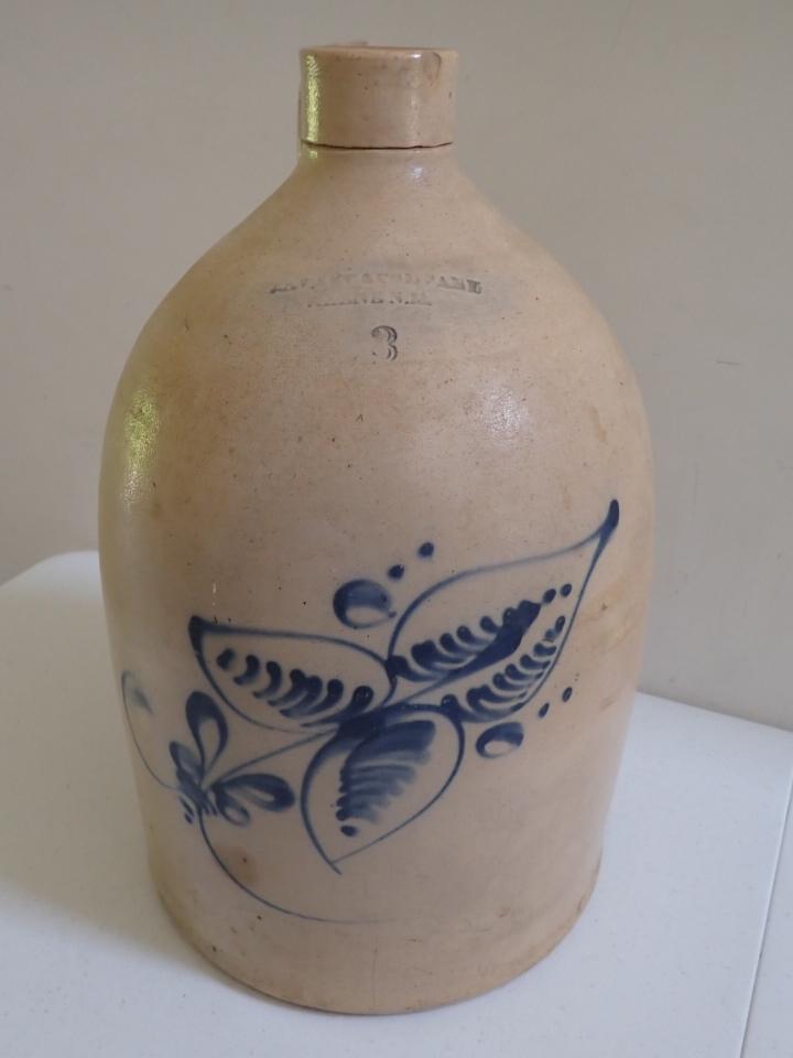 3 Gallon Stoneware Jug with Cobalt Floral Design.: J.S. Taft & Company Keene, NH - J.S. Taft Mark is weak - Has some nicks and staining 16 1/2".