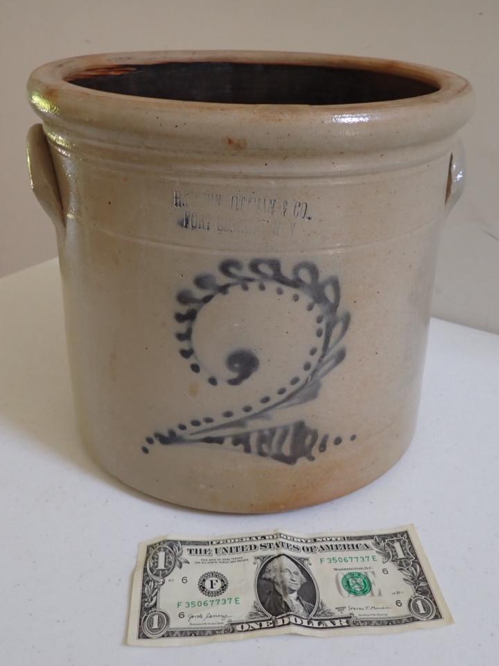 2 Gallon Stoneware Crock Cobalt "2" Design: Haxstun Ottman & Co. Fort Edward. Has nick and some staining.