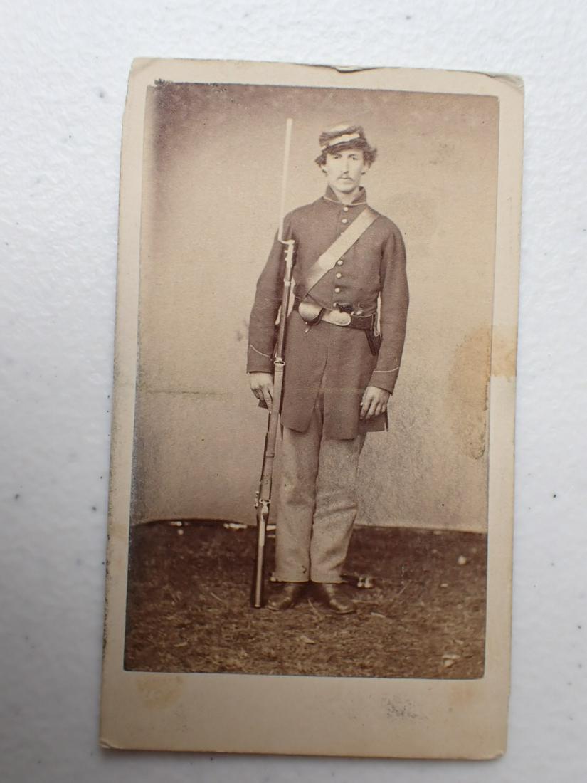 Civil War Soldier CDV with Rifle & Bayonet Warren Lowell, MA: Has staining and edge wear. 4 1/4" x 2 1/2"