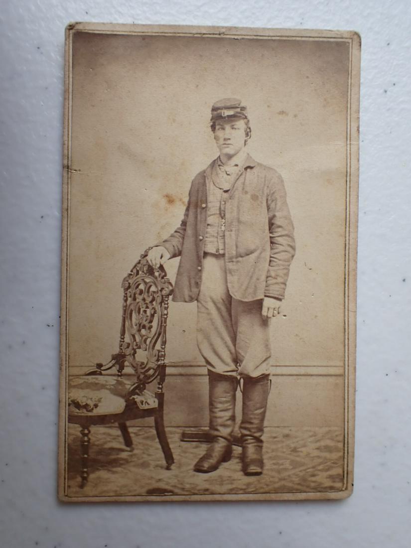 Civil War Identified Soldier CDV William McGown Enlisted: Annapolis in 1863 with Co. F Fourth Cavalry, Co. E Ninth Cavalry and Fifty-Fitfh Company Second Batalion - 4" x 2 1/2". Some staining and edge wear