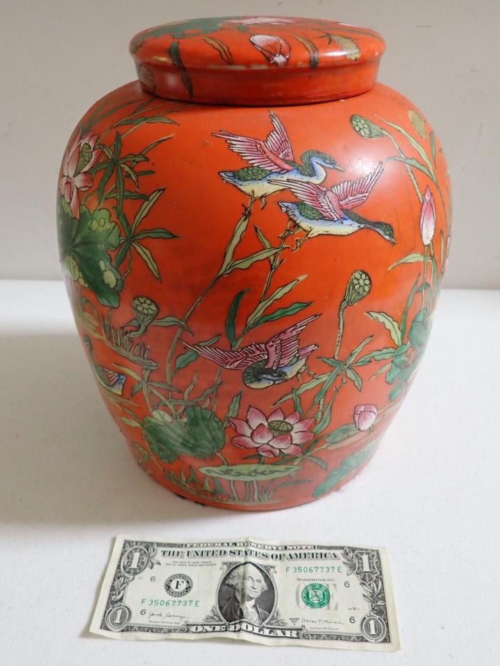 Large Covered Asian Painted Ginger Jar with Birds & Flowers.: 10 1/2" high x 4" diameter top. Part of Large Collection of Imari/Arita Porcelain from Massachusetts Estate. Overall good condition.
