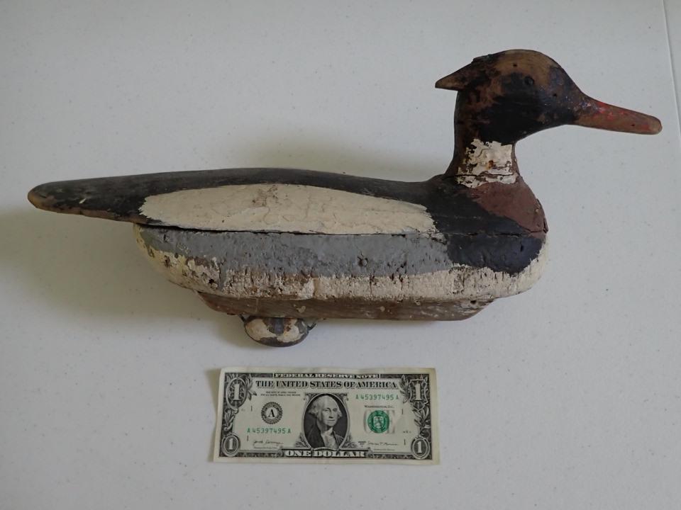 Vintage Wooden Duck Decoy. White & Black with Orange Bill: 16 1/2" wide. Shows some wear and paint loss.