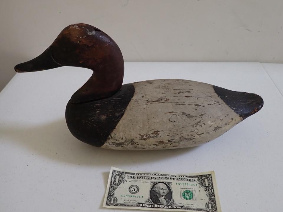 Vintage Wooden Duck Decoy. Black& White with Brown head.: 15" wide. Has wear with split in neck.