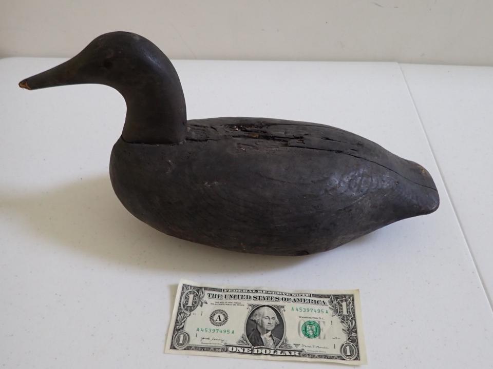 Vintage Wooden Duck Decoy with Long Beak.: 15" wide. Has some wear to Beak Tip and underneath & splits along top