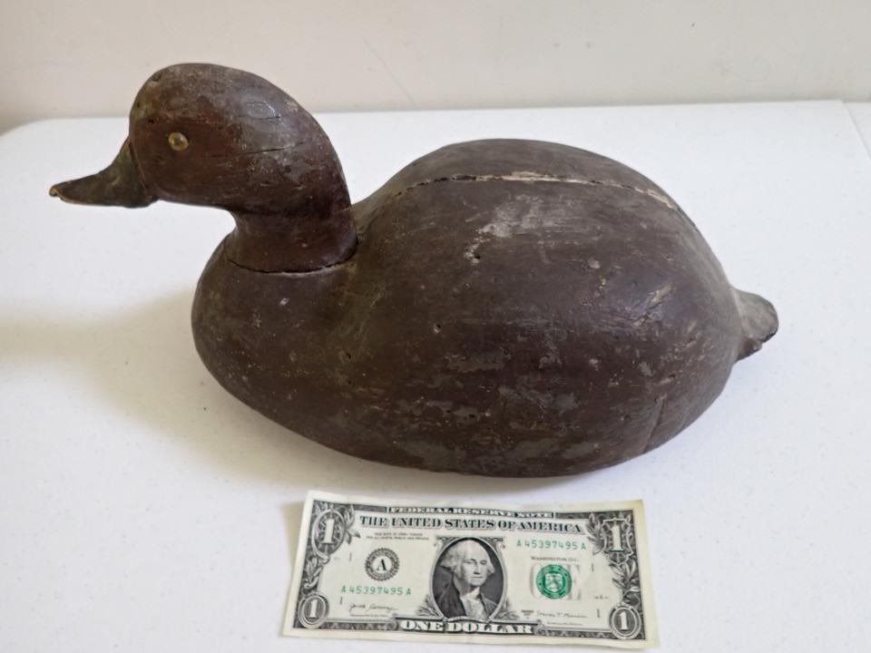 Vintage Wooden Duck Decoy. Brown with Black Bill. Glass Eyes: 13 1/2". Has raised back - some wear including split along top