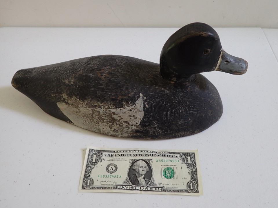 Vintage Wooden Duck Decoy.: Black with light grey and Dark Grey Bill. Glass Eyes. 13 1/2". Light wear.