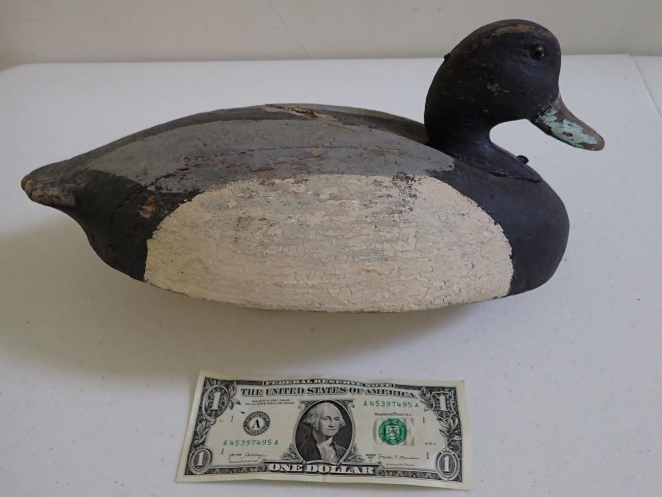 Vintage Wooden Duck Decoy. Black, Grey and White.: Glass Eyes. 13". Some wear on top. Neck is loose.