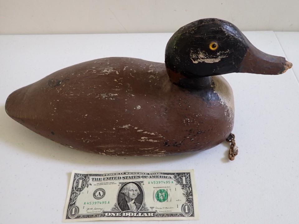 Vintage Wooden Duck Decoy. Red Brown Body. Glass Eyes.: Green and Yellow Mallard Head. 14". End of Beak has some wear. A little wear overall.