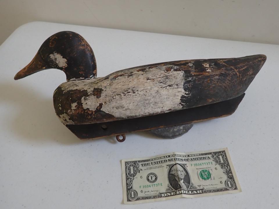 Vintage Wooden Duck Decoy Black and White with Green Beak: Glass Eyes. Paint wear