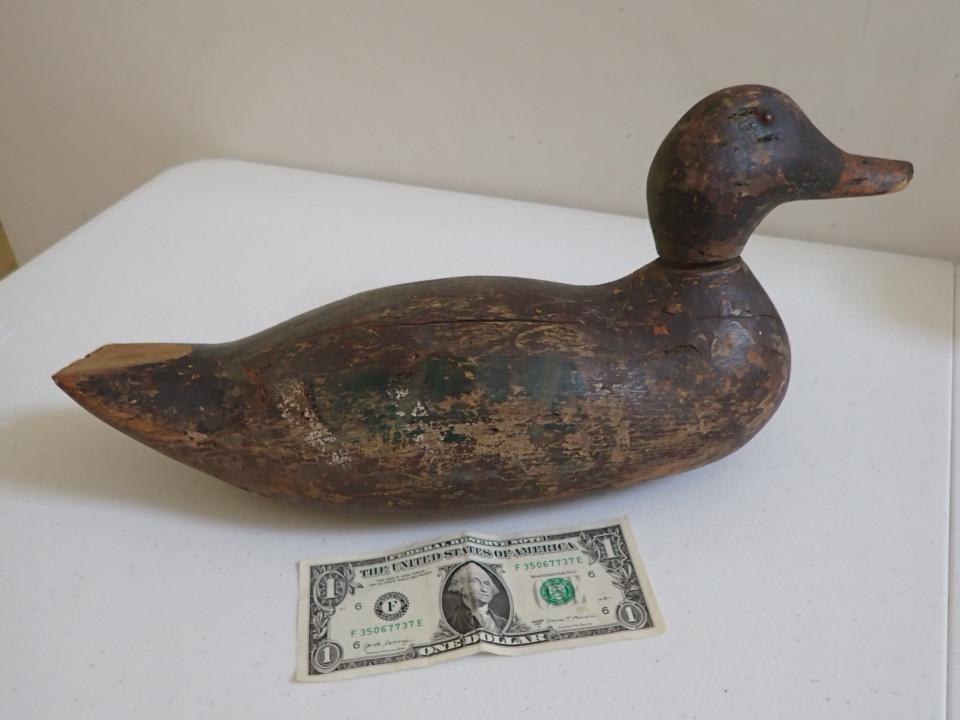 Vintage Wood Duck Decoy - Retains some brown & green paint: Orange Bill. Rotating Head. Tail chipped 16"