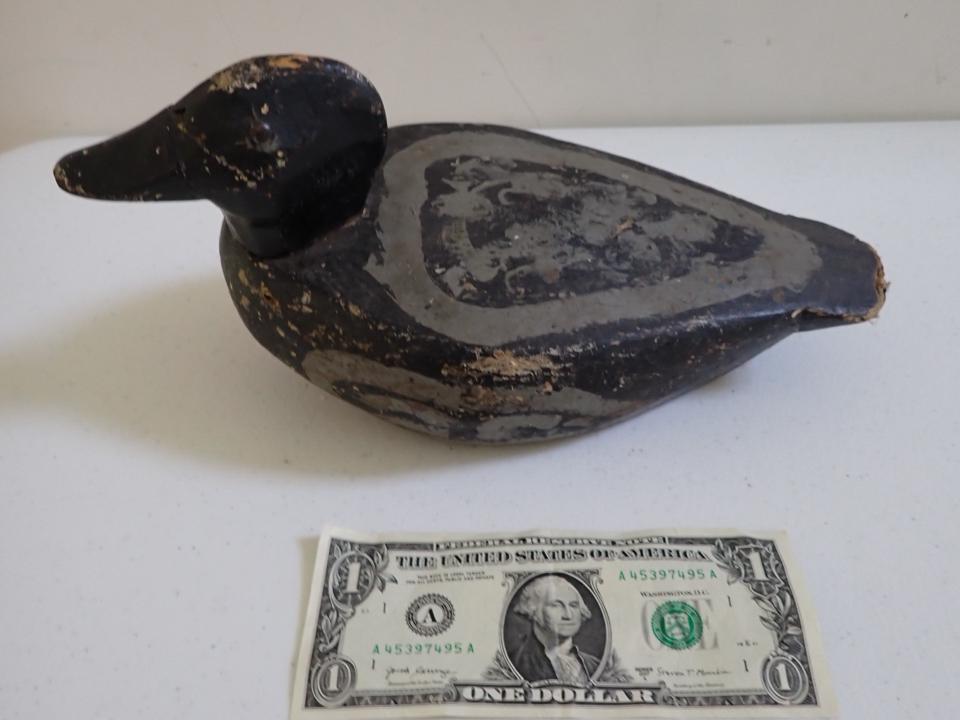 Vintage Wooden Duck Decoy. Black and Grey. Metal Eyes.: 11 1/2". Has some wear on tail, side and top of head.
