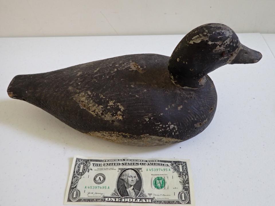 Vintage Wooden Duck Decoy. Black & Grey. Glass Eyes.: 13 1/2". Has a little wear and paint loss. Overall good Condition.