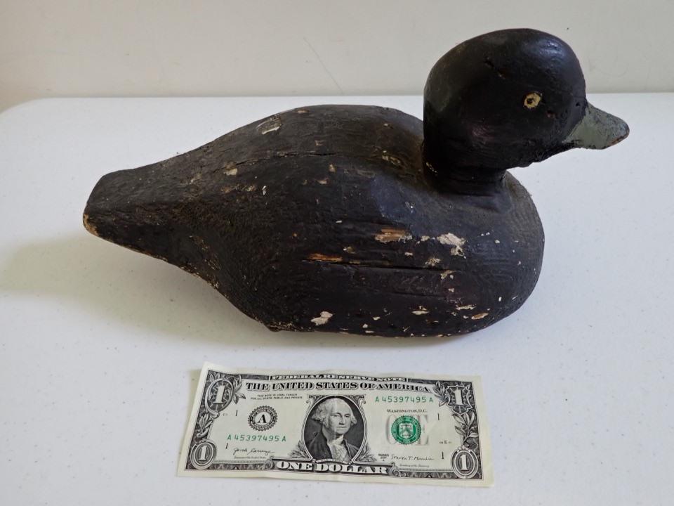 Vintage Wooden Duck Decoy. Black with Grey Beak.: 12". Beak and Decoy have some wear.