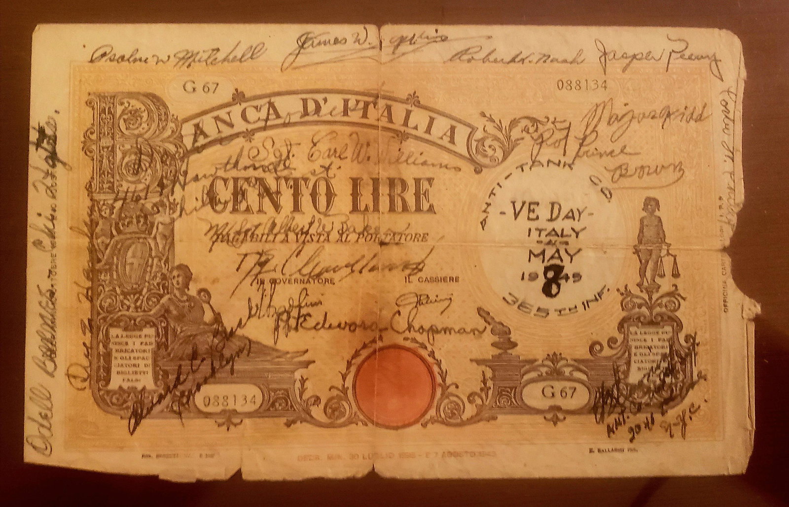 1945 V-E Day 100 Lira Note Signed 365th Anti Tank Company: WWII - Signed by Members of the 365th Anti Tank Company. All African American Soldiers Signed on both sides and dated. Some tearing around edge.