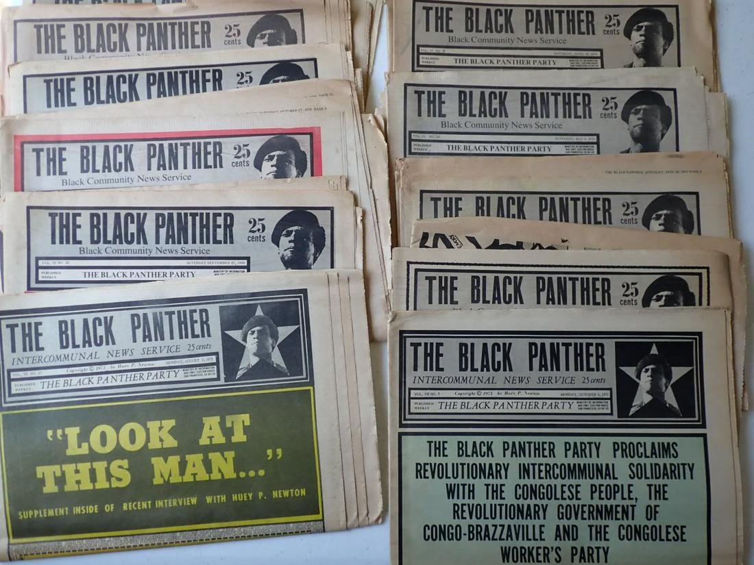 1969, 1970, and (13) 1971 Black Panther Newspapers: Some wear and fading. One has writing on cover.