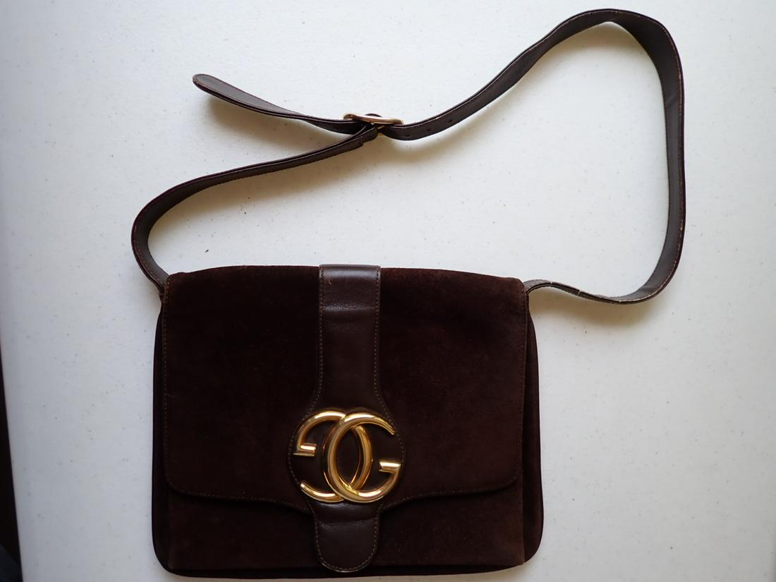 Vintage Gucci Suede and Leather Bag - Made in Italy: Approximate measurements: Back measures 10 1/2" wide by 8 1/2" high - Front Pocket 9 1/2" wide x 7"53289 Marked: Made in Italy by Gucci Brev. N. 53289. Has some wear