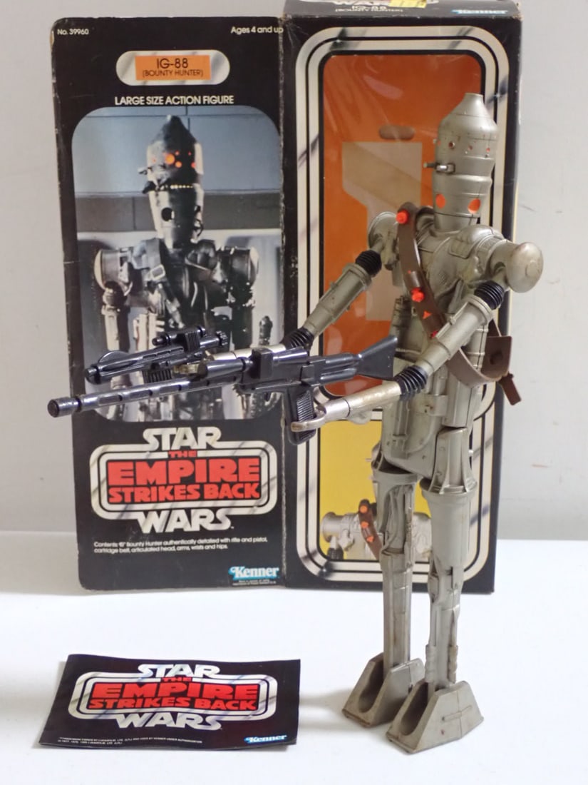 1980 Star Wars The Empire Strikes Back Large Size Figure w/Box: Large Sized Action Figure with Box IG-88 (Bounty Hunter) 15" Bounty Hunter Authentically Detailed with Rifle and Pistol, Cartridge Belt Articulated head, arms, wrists and hips. Inside original box wit