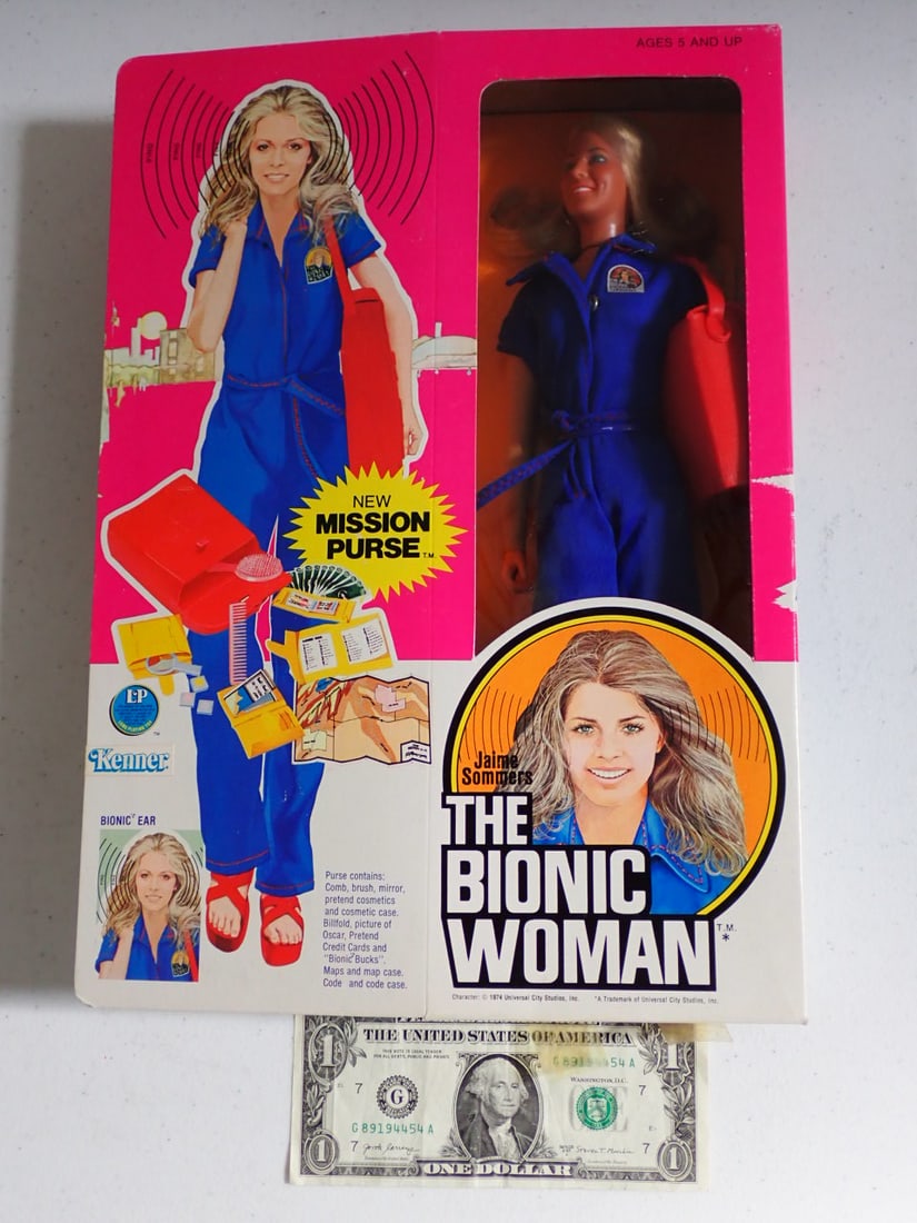 1974 Bionic Woman By Kenner Action Figure in Box: With New Mission Purse. Bionic Woman Mint in Box. Box has light wear and marks from old tape