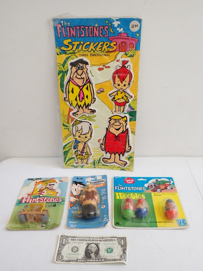 1970s The Flintstones Weebles, Stickers & Nightlight Sealed: 1977 Hasbro The Flintstones Weebles Romper Room Sealed Card, Fred, Wilma and Pebbles, 1974 The Flintstones Night Light Barney Sealed, 1977 Three Dimensional Stickers Sealed. Weebles have some creasing