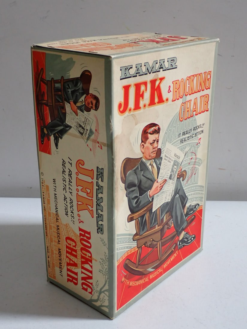 1965 Kaymar J.F.K. & Rocking Chair In Original Box: With Mechanical Musical Movement. Box has some staining. Rocking Chair Doesn't work.