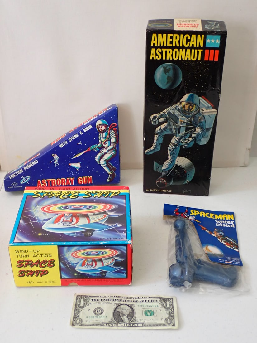 4 Space Toys 1967: Aurora American Astronaut Model, Missing Pieces - Box cover glued together and corner wear. Wind-Up Turn Action Space Ship made in Korea. Toy looks unused - Box has edge wear and corner creasing. Astr