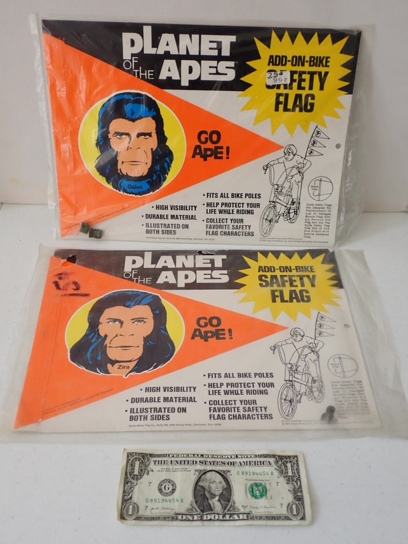 1974 Planet of the Apes - Zira and Galen Sealed Safety Flags: Add-on-bike Safety Flags - Cycle Safety Flag Co. Sealed in packages.