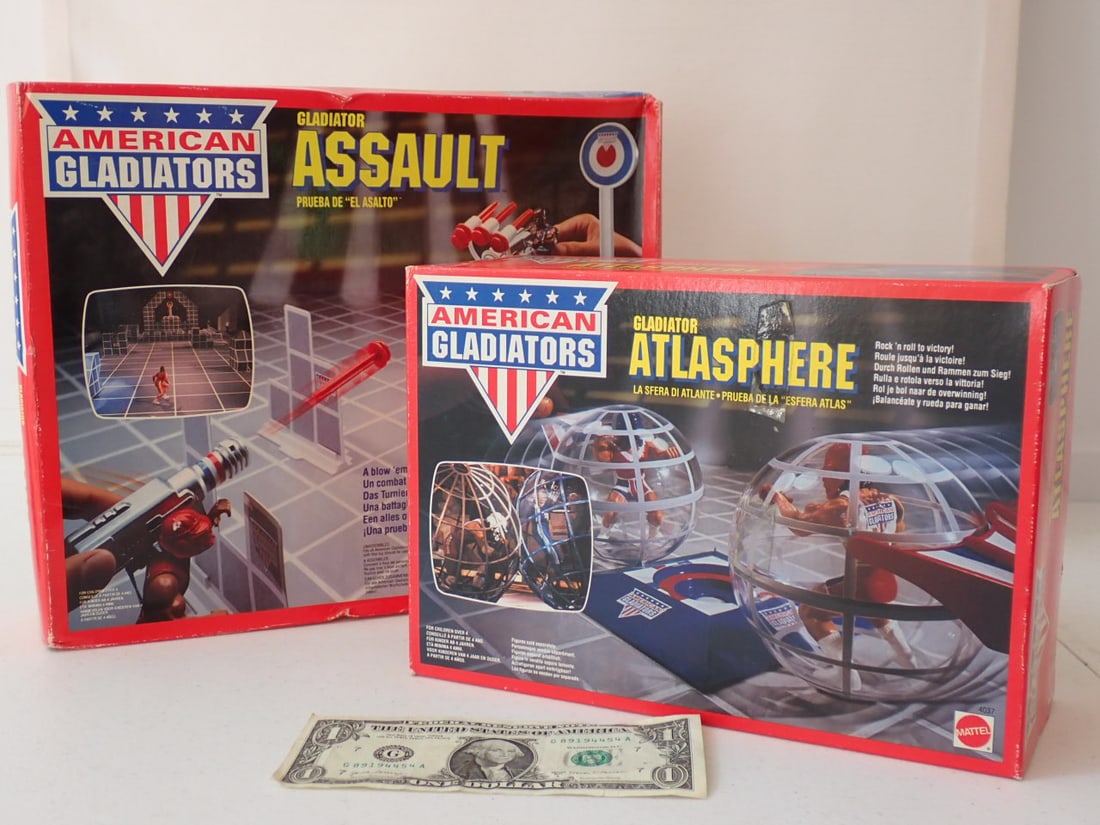 1991 American Gladiators Assault & Atlasphere Sealed Mattel: In boxes. Assault box has denting and creasing. Other box very good condition.