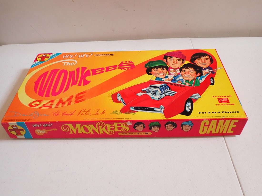 1967 Hey Hey The Monkees Transogram Board Game: Includes Game Pieces, Game Board, etc.. Good condition. Inside edge tear and a little wear on side and edge of box.