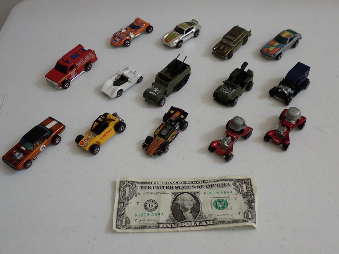 14 Hot Wheels Redline Cars and Trucks: 2 Red Baron, Army Gun Slinger Jeep and Half Truck and Others. Condtiions vary - See photos