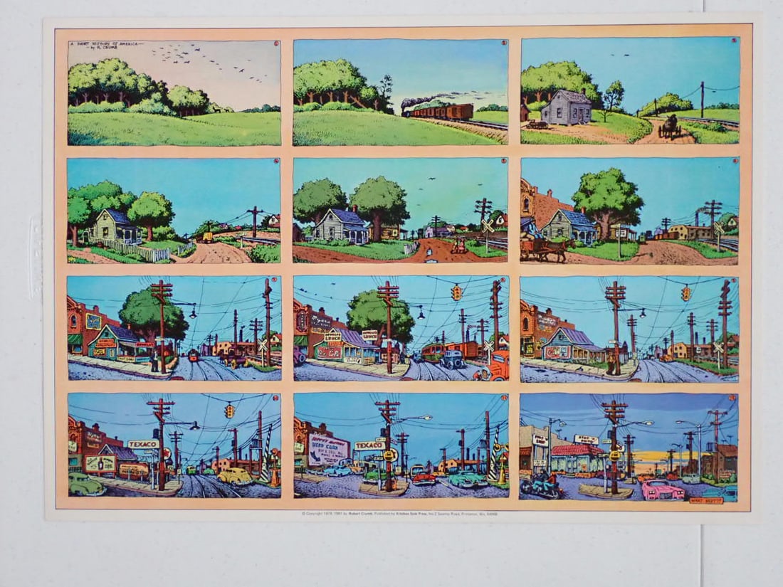 "A Short History of America" Poster by R. Crumb Copyright 79,81: 1979, 1981. 16 1/2" x 23 1/2". Published by Kitchen Sink Publications, Princeton, Wis.. 12 panels. Overall Good Condition